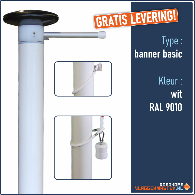 Vlaggenmast BANNER BASIC wit - 8 meter 85 mm, incl. draaitop systeem met banieruithouder en knop