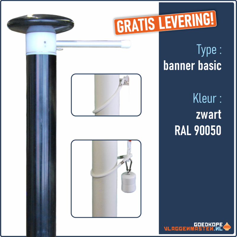 Vlaggenmast BANNER BASIC zwart - 6 meter 65 mm, incl. draaitop systeem met banieruithouder en knop