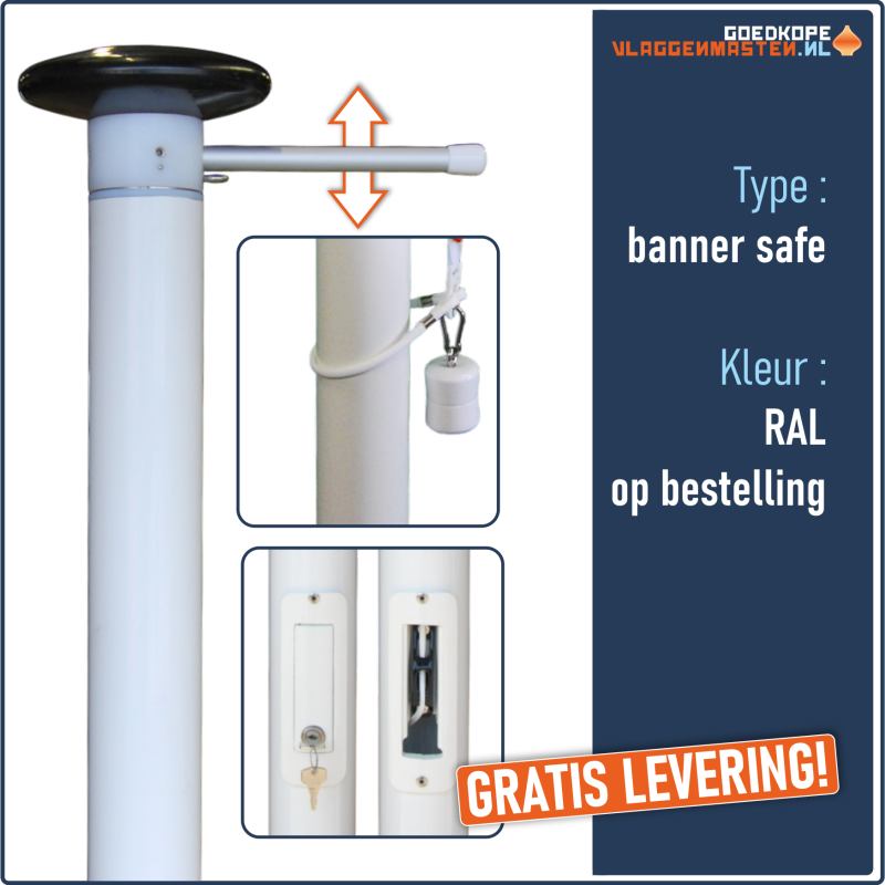 Vlaggenmast BANNER SAFE RAL - 6 meter 75 mm, incl. draaitop systeem met hijsbare banieruithouder en knop