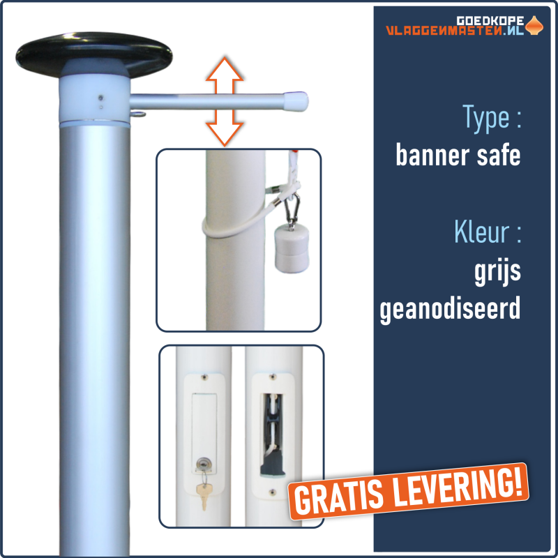 Vlaggenmast BANNER SAFE grijs - 9 meter 100-60 mm, incl. draaitop systeem met hijsbare banieruithouder en knop