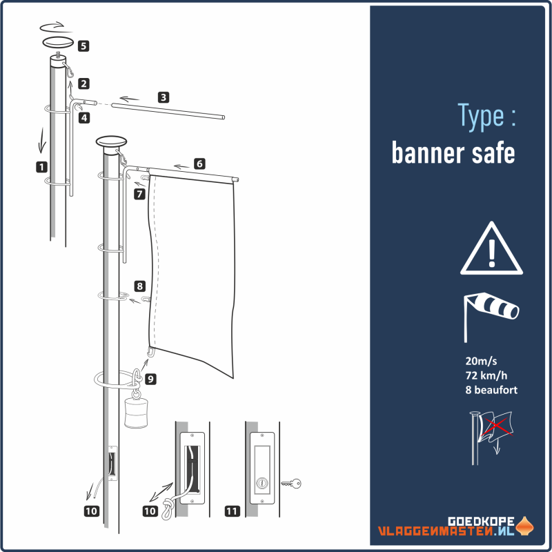 Vlaggenmast BANNER SAFE grijs - 9 meter 100-60 mm, incl. draaitop systeem met hijsbare banieruithouder en knop - Afbeelding 3
