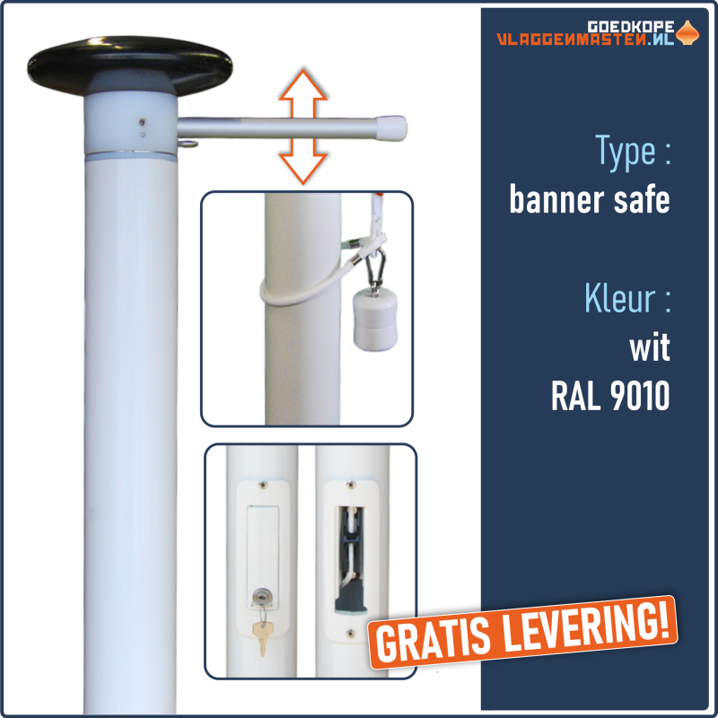 Vlaggenmast BANNER SAFE wit - 9 meter 100-60 mm, incl. draaitop systeem met hijsbare banieruithouder en knop