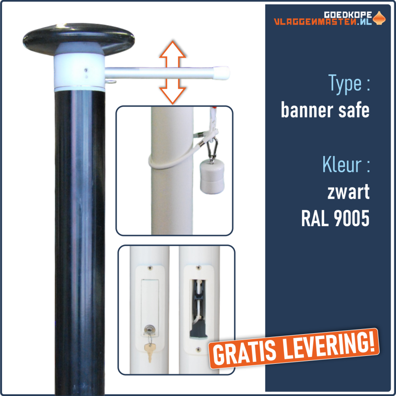 Vlaggenmast BANNER SAFE zwart - 6 meter 75 mm, incl. draaitop systeem met hijsbare banieruithouder, knop en kantelvoet