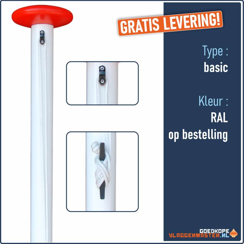 Vlaggenmast BASIC RAL - 6 meter 65 mm, incl. kikker, oog koord, knop en overschuifkoker