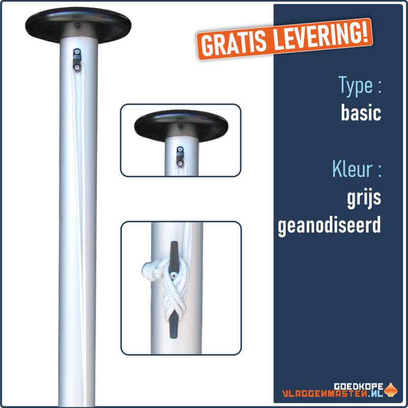 Vlaggenmast BASIC grijs - 6 meter 65 mm, incl. kikker, oog koord, knop en kantelvoet