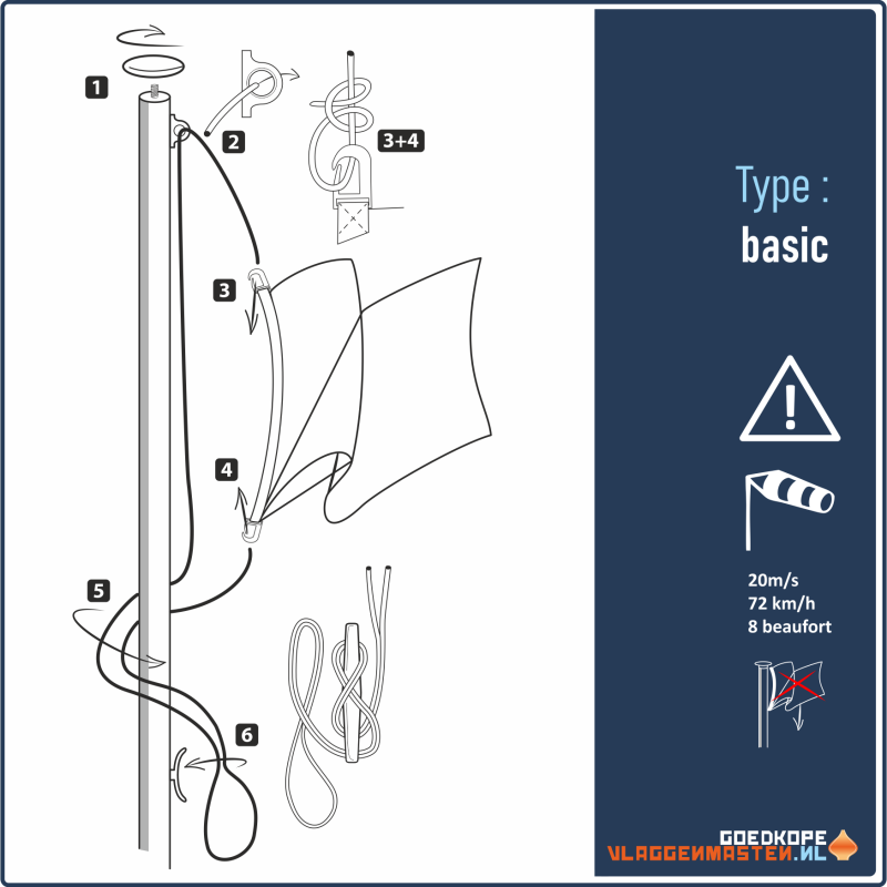 Vlaggenmast BASIC wit - 8 meter 85 mm, incl. kikker, oog koord, knop en kantelvoet - Afbeelding 3
