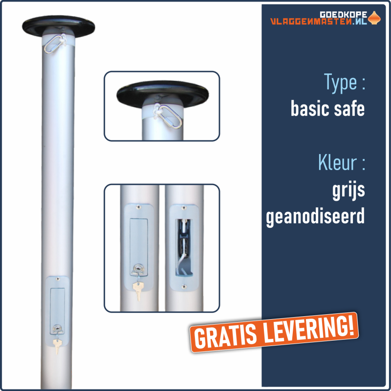 Vlaggenmast BASIC SAFE grijs - 12 meter 135-60 mm, incl. anti-diefstalsysteem en knop