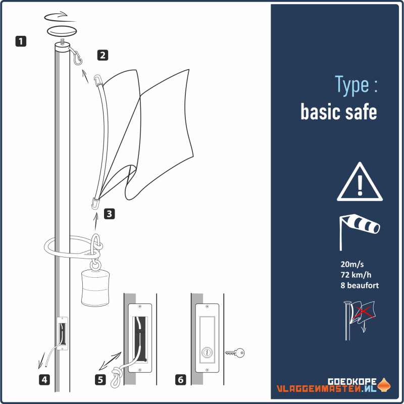 Vlaggenmast BASIC SAFE wit - 7 meter 75 mm, incl. anti-diefstalsysteem, knop en overschuifkoker - Afbeelding 3