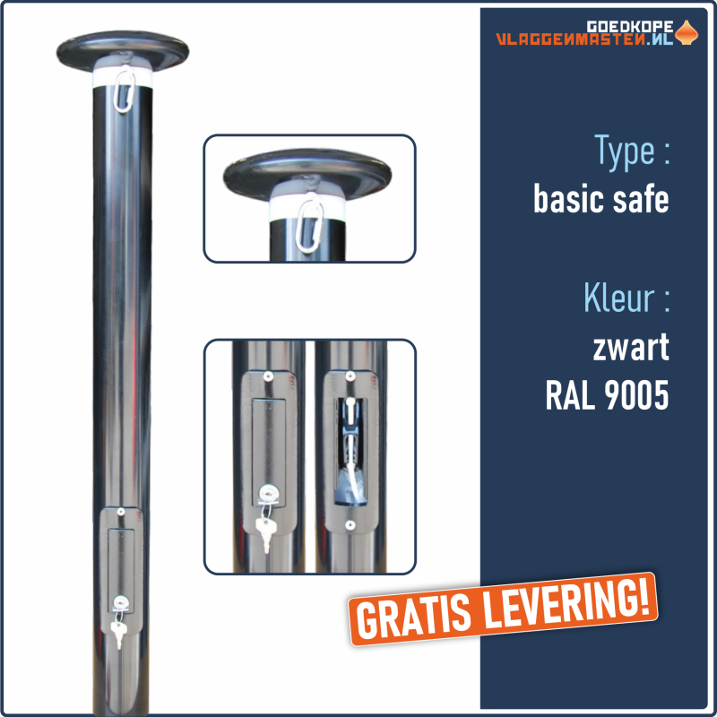 Vlaggenmast BASIC SAFE zwart - 6 meter 75 mm, incl. anti-diefstalsysteem en knop